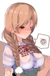 Rule 34 | 1girl, arm warmers, atsutoku, bow, bowtie, braid, breasts, cloud hair ornament, commentary request, highres, kantai collection, large breasts, light brown hair, long hair, low twin braids, minegumo (kancolle), one-hour drawing challenge, plaid, plaid bow, plaid bowtie, plaid neckwear, red bow, red bowtie, red eyes, shirt, solo, spoken squiggle, squiggle, suspenders, twin braids, two-tone background, upper body, white background, white shirt