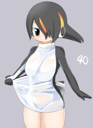 Rule 34 | 1girl, bird tail, black eyes, black hair, black one-piece swimsuit, blush, breasts, closed mouth, clothes pull, commentary request, cowboy shot, emperor penguin (kemono friends), expressionless, grey background, hair between eyes, hair over one eye, headphones, highres, kemono friends, large breasts, lets0020, long bangs, looking at viewer, multicolored hair, numbered, one-piece swimsuit, one-piece swimsuit pull, orange hair, short hair, simple background, solo, streaked hair, swimsuit, tail, two-tone one-piece swimsuit, wet, wet clothes, wet swimsuit, white one-piece swimsuit