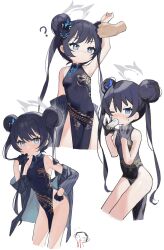 Rule 34 | absurdres, black dress, black gloves, black hair, blue archive, butterfly hair ornament, china dress, chinese clothes, doodle sensei (blue archive), double bun, dragon print, dress, gloves, grey eyes, hair bun, hair ornament, half gloves, halo, highres, kisaki (blue archive), measho, pelvic curtain, print dress, sensei (blue archive), short dress, side slit, sleeveless, sleeveless dress, twintails