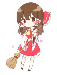 Rule 34 | 1girl, ascot, bad id, bad pixiv id, bare shoulders, black footwear, blush, bow, broom, brown hair, chibi, commentary request, detached sleeves, frilled bow, frills, full body, hair between eyes, hair bow, hair tubes, hakurei reimu, holding, holding broom, kneehighs, long hair, long sleeves, petticoat, red bow, red eyes, red skirt, ribbon-trimmed sleeves, ribbon trim, shnva, shoes, sidelocks, simple background, skirt, skirt set, socks, solo, standing, touhou, white background, white socks, wide sleeves, yellow ascot