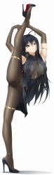 Rule 34 | 1girl, absurdres, ahoge, armlet, armpits, arms up, black dress, black eyes, black footwear, black panties, blue hair, bodystocking, breast curtains, breasts, brown gloves, commission, covered navel, dress, earrings, elbow gloves, full body, gloves, heterochromia, high heels, highres, jewelry, large breasts, leg up, long hair, looking at viewer, original, panties, pixel (yuxian), pixiv commission, simple background, solo, split, standing, standing on one leg, standing split, thighlet, underwear, very long hair, white background