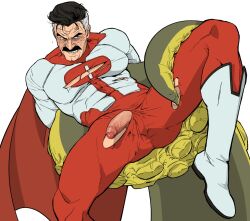 Rule 34 | 1boy, bara, black hair, blush, bodysuit, bonjourdraws, cape, clenched teeth, commentary, facial hair, gloves, half-erect, highres, invincible (series), large pectorals, looking at viewer, male focus, male pubic hair, mature male, monster, multicolored hair, muscular, muscular male, mustache, nolan grayson, octopus, omni-man, pectorals, penis, pubic hair, red bodysuit, red cape, red gloves, short hair, solo, teeth, tentacles, tentacles on male, thick eyebrows, thick thighs, thighs, torn bodysuit, torn clothes, two-tone bodysuit, two-tone hair, uncensored, white background, white hair