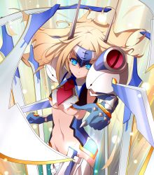Rule 34 | 1girl, amder, arc system works, armor, bad id, bad pixiv id, blade, blazblue, blonde hair, blue eyes, breasts, elbow gloves, expressionless, forehead protector, gloves, groin, highres, long hair, mecha musume, mu-12, navel, necktie, no panties, pauldrons, pointing, pointing forward, revealing clothes, shoulder armor, solo, underboob