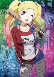 1girl baseball_bat black_nails blonde_hair breasts choker collarbone cosplay cowboy_shot dc_comics emily_stewart english_text fingerless_gloves fishnet_pantyhose fishnets gloves harley_quinn harley_quinn_(cosplay) harley_quinn_(suicide_squad) highres holding holding_baseball_bat holding_weapon idolmaster idolmaster_million_live! jacket leaning_forward midriff multicolored_hair navel one_eye_closed pantyhose parted_bangs red_lips single_glove solo suicide_squad taku1122 torn_clothes weapon