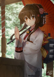 Rule 34 | 1girl, alternate costume, alternate hairstyle, blush, brown eyes, brown hair, cherry blossoms, commentary request, dated, floral print, flower, hair between eyes, hair flower, hair ornament, hatsumoude, japanese clothes, kantai collection, kimono, long hair, long sleeves, machinery, new year, obi, oil-paper umbrella, own hands clasped, own hands together, praying, red umbrella, sash, shrine, signature, smile, solo, toka (marchlizard), umbrella, yamato (kancolle)