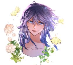 Rule 34 | 1girl, 5altybitter5, blue eyes, copyright request, highres, long hair, looking at viewer, portrait, purple hair, simple background, smile, smug, solo, white background