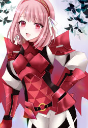 Rule 34 | 1girl, armor, breastplate, cape, fire emblem, fire emblem engage, gauntlets, hairband, highres, kirishima riona, lapis (fire emblem), looking at viewer, nintendo, official alternate costume, pink eyes, pink hair, puffy sleeves, red armor, red cape, red hairband, ribbon, short hair, smile, solo, two-tone hairband, white ribbon