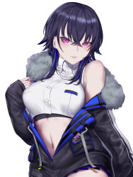 Rule 34 | 1girl, absurdres, bare shoulders, black coat, black hair, blue hair, breasts, buttons, closed mouth, coat, collared shirt, commentary request, crop top, crossed bangs, earrings, fur-trimmed coat, fur collar, fur trim, hair between eyes, hand up, head tilt, highres, ichinose uruha, jewelry, kumiko shiba, long sleeves, looking at viewer, lupinus virtual games, medium breasts, midriff, multicolored hair, navel, off shoulder, open clothes, open coat, pink eyes, shirt, short hair with long locks, simple background, sleeveless, sleeveless shirt, sleeves past wrists, solo, star (symbol), stomach, streaked hair, stud earrings, turtleneck, virtual youtuber, vspo!, white background, white shirt