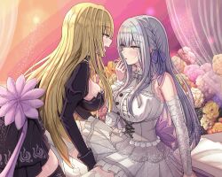 Rule 34 | 2girls, absurdres, between legs, black dress, blonde hair, blush, breasts, chin gero, commentary request, copyright request, curtains, detached sleeves, dress, eye contact, flower, grey hair, hair ribbon, hand between legs, hand in own hair, highres, indoors, large breasts, leaning forward, long hair, long sleeves, looking at another, multiple girls, on bed, open mouth, parted lips, pink flower, purple ribbon, ribbon, sitting, smile, thighhighs, white dress, white thighhighs, yellow flower, yuri