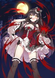 Rule 34 | 1girl, :d, bare shoulders, black bow, black dress, black gloves, black hair, black thighhighs, blush, bow, breasts, building, byulzzi, cleavage, commentary request, detached sleeves, dress, fang, flower, frilled thighhighs, frills, full moon, garter belt, gloves, hair between eyes, hand to own mouth, highres, judgment/blood, long hair, long sleeves, looking at viewer, medium breasts, moon, night, night sky, official art, open mouth, outdoors, red flower, red rose, rose, sky, skyscraper, sleeveless, sleeveless dress, smile, solo, thighhighs, thighs, very long hair, victoria reed, wide sleeves, yellow eyes