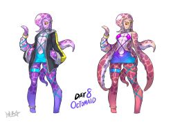 Rule 34 | 1girl, anklet, black jacket, bracelet, breasts, cephalopod eyes, collar, colored skin, commentary, earclip, english commentary, english text, gradient clothes, gradient skin, highres, jacket, jewelry, legwear garter, monster girl, multiple views, original, pink skin, purple skin, ryuusei (mark ii), simple background, single legwear garter, small breasts, smile, spiked collar, spikes, striped clothes, striped jacket, suction cups, tentacle hair, tentacles, thigh strap, underwear, underwear only, white background, yellow eyes