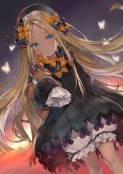 Rule 34 | 1girl, abigail williams (fate), black bow, black dress, black hat, blonde hair, bloomers, blue eyes, bow, bug, butterfly, closed mouth, dress, dutch angle, fate/grand order, fate (series), forehead, hair bow, hat, highres, hugging object, insect, long hair, long sleeves, looking at viewer, momoko (momopoco), orange bow, parted bangs, polka dot, polka dot bow, sleeves past fingers, sleeves past wrists, solo, stuffed animal, stuffed toy, teddy bear, underwear, very long hair, white bloomers