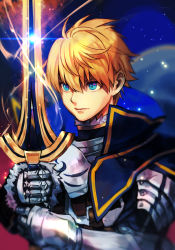 Rule 34 | 1boy, arthur pendragon (fate), aura, blonde hair, blue eyes, capelet, excalibur (fate/stay night), fate/prototype, fate (series), gauntlets, glowing, glowing sword, glowing weapon, hair between eyes, high collar, holding, holding sword, holding weapon, hungry clicker, male focus, short hair, solo, space, sword, weapon