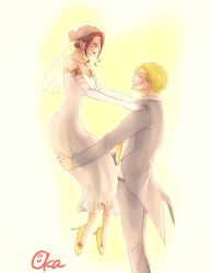 Rule 34 | 1boy, 1girl, blonde hair, breasts, brown hair, charlotte pudding, cleavage, couple, dress, happy, heels, high heels, highres, lipstick, long hair, makeup, one piece, sanji (one piece), smile, third eye, twintails, wedding dress