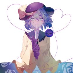 Rule 34 | 1girl, absurdres, arm at side, black hat, blouse, blush, closed mouth, commentary, finger to mouth, floral print, frilled shirt collar, frilled sleeves, frills, green eyes, green hair, green skirt, hair between eyes, hand up, hat, hat ribbon, heart, heart of string, highres, komeiji koishi, long sleeves, looking at viewer, medium hair, ribbon, rose print, shirt, simple background, skirt, smile, solo, third eye, touhou, upper body, white background, wide sleeves, yellow ribbon, yellow shirt, zhiming shang