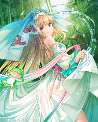 Rule 34 | 1girl, backless dress, backless outfit, bamboo, blonde hair, blunt bangs, breasts, cleavage, clothes lift, company name, crown, day, dragon print, dress, dress lift, frog, gazebo, long sleeves, looking at viewer, looking back, lost crusade, medium breasts, official art, outdoors, pink eyes, shimoe, smile, solo, standing, water, white dress