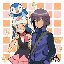 Rule 34 | 1boy, 1girl, backpack, bag, beanie, blue eyes, blue hair, bracelet, closed mouth, commentary request, creatures (company), dawn (pokemon), eyelashes, game freak, gen 4 pokemon, grin, hair between eyes, hair ornament, hairclip, hand up, hands in pockets, hat, jacket, jewelry, looking at viewer, nintendo, on head, one eye closed, outline, paul (pokemon), pink scarf, piplup, pokemon, pokemon (anime), pokemon (creature), pokemon dppt (anime), pokemon on head, popped collar, scarf, short hair, sleeveless, smile, star (symbol), strap, sweatdrop, tamura (kouititamura), teeth, v, white headwear, yellow bag