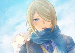 Rule 34 | 1boy, alternate costume, blonde hair, blue eyes, blue scarf, blush, coat, collared shirt, commentary request, contemporary, creatures (company), day, game freak, gen 2 pokemon, gloves, hair over one eye, hand up, highres, holding strap, male focus, necktie, nintendo, open clothes, open coat, open mouth, outdoors, pokemon, pokemon (creature), pokemon legends: arceus, punico (punico poke), scarf, shirt, sky, sweater, togepi, volo (pokemon), yellow sweater