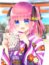 Rule 34 | 1girl, :d, black ribbon, blue eyes, blunt bangs, blush, butterfly hair ornament, go-toubun no hanayome, hair ornament, highres, japanese clothes, kimono, looking at viewer, nakano nino, new year, obi, omikuji, open mouth, outdoors, pink hair, purple kimono, ribbon, sash, smile, striped clothes, striped kimono, torii, twintails, xx momomo xx