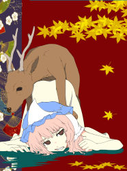 Rule 34 | 0 0, 1girl, all fours, ass, bestiality, brown eyes, clenched teeth, deer, doggystyle, empty eyes, hat, interspecies, jitome, kirinourion, leaf, light purple hair, maple leaf, nude, pale skin, saigyouji yuyuko, sex, sex from behind, simple background, teeth, top-down bottom-up, touhou