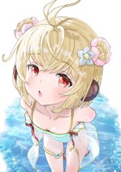 Rule 34 | 1girl, andira (granblue fantasy), animal ears, antenna hair, arms behind back, bare shoulders, blonde hair, blush, breasts, casual one-piece swimsuit, cleavage, collarbone, double bun, downblouse, from above, granblue fantasy, hair bun, highres, looking at viewer, mezurashiiaji, monkey ears, monkey girl, monkey tail, one-piece swimsuit, open mouth, red eyes, short hair, small breasts, solo, standing, swimsuit, tail, thigh strap, water