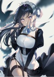 Rule 34 | 1girl, adjusting hair, apron, bird, black dress, black hair, blue eyes, blue flower, blue rose, breasts, collared shirt, cowboy shot, crow, dress, facing viewer, feathers, floating hair, flower, frilled dress, frills, garter straps, grey background, hair behind ear, hair rings, highres, holding, large breasts, long hair, maid, maid headdress, miwano rag, mouth hold, necktie, original, puffy sleeves, rose, shirt, silhouette, simple background, solo, staff, thighhighs, thighs, white necktie