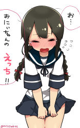 Rule 34 | 10s, 1girl, bad id, bad pixiv id, blue skirt, blush, braid, brown hair, closed eyes, covering privates, covering crotch, cowboy shot, embarrassed, flying sweatdrops, full-face blush, hair ribbon, highres, isonami (kancolle), kantai collection, mitsudoue, neckerchief, open mouth, pleated skirt, ribbon, sailor collar, school uniform, serafuku, simple background, skirt, skirt tug, solo, string, string of fate, tears, twin braids, twitter username, wavy mouth, white background