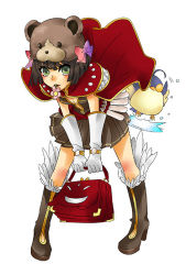 Rule 34 | 1girl, bag, bear hat, belt, bird, black hair, blush, boots, bow, breasts, brown dress, brown footwear, cape, commentary request, creator (ragnarok online), dress, filir (ragnarok online), flower, flower in mouth, full body, fur-trimmed footwear, fur trim, gloves, green eyes, hair bow, holding, holding bag, kirimochi niwe, leaning forward, living clothes, looking at viewer, open mouth, pink flower, purple bow, ragnarok online, red belt, red cape, short dress, short hair, simple background, small breasts, teeth, vial, white background, white gloves
