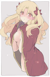 Rule 34 | 1girl, azumi (myameco), blonde hair, blush, breasts, cape, commentary request, ereshkigal (fate), fate/grand order, fate (series), grey background, hair ribbon, long hair, looking at viewer, medium breasts, naked cape, parted lips, red cape, red eyes, red ribbon, ribbon, simple background, solo