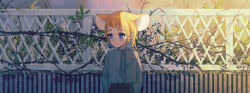 Rule 34 | 1girl, animal ears, arms behind back, blonde hair, blue eyes, branch, fence, highres, long sleeves, looking to the side, mouse ears, mouse girl, naname (7name), original, pleated skirt, short hair, skirt, solo, sunlight, thick eyebrows, virtual youtuber