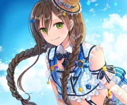 Rule 34 | 1girl, alternate hairstyle, arm ribbon, badge, bang dream!, black bow, black bowtie, blue bow, bow, bowtie, braid, brown hair, brown hat, button badge, crop top, day, detached sleeves, earrings, ferrel (rocher 71), frilled hat, frilled shirt, frilled sleeves, frills, green eyes, hair between eyes, hair bow, hair ornament, hanazono tae, hat, hat bow, jewelry, long hair, looking at viewer, outdoors, plaid, plaid shirt, polka dot neckwear, ribbon, see-through, see-through sleeves, shirt, skirt, smile, soap bubbles, solo, star (symbol), star earrings, star hair ornament, striped bow, striped ribbon, suspenders, twin braids, twitter username, upper body