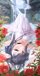 Rule 34 | 1girl, absurdres, black hair, blush, breasts, brown eyes, collar, copyright request, dress, flower, highres, k.j., long hair, looking at viewer, lying, lying on water, medium breasts, on back, open mouth, outdoors, red flower, solo, virtual youtuber, water, waterfall, white dress