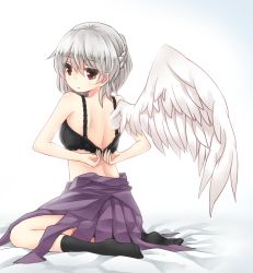 Rule 34 | 1girl, albino, back, black bra, black socks, bra, braid, closed mouth, dress, dressing, feathered wings, fuente, gradient background, gradient hair, grey hair, hair between eyes, highres, kishin sagume, lace, lace-trimmed bra, lace trim, looking back, multicolored hair, no shirt, no shoes, on bed, open bra, open clothes, purple dress, red eyes, short hair, side slit, single wing, sitting, socks, solo, touhou, underwear, undressing, unfastened, wariza, white wings, wings