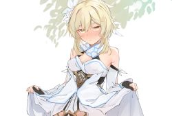 Rule 34 | 1girl, bare shoulders, blonde hair, blush, breasts, commentary request, dress, embarrassed, female focus, flower, genshin impact, hair flower, hair ornament, looking at viewer, lumine (genshin impact), simple background, solo, uno ryoku, upper body, white dress, white flower, yellow eyes
