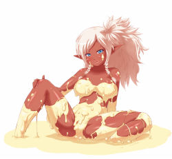 Rule 34 | 00s, 1girl, blue eyes, blush, breasts, clothing request, dark-skinned female, dark skin, dungeon and fighter, highres, large breasts, minette (dungeon and fighter), monugaeru, partially submerged, pointy ears, solo, spread legs, tagme, wet, white hair