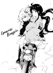 Rule 34 | 2girls, absurdres, boots, clothes writing, fqnrxj, greyscale, hair ribbon, highres, honda, inoue takina, jacket, leather, leather jacket, license plate, long hair, looking at viewer, looking back, lycoris recoil, monochrome, motor vehicle, motorcycle, multiple girls, nishikigi chisato, on motorcycle, ponytail, rear-view mirror, ribbon, riding, short hair, skirt, smile