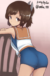 Rule 34 | 10s, 1girl, 2014, armpits, ass, bare shoulders, brown eyes, brown hair, cowboy shot, dark skin, dark-skinned female, dated, from behind, highres, i-401 (kancolle), kantai collection, looking at viewer, looking back, mku, pink background, ponytail, sailor collar, smile, solo, swimsuit, swimsuit under clothes, twitter username