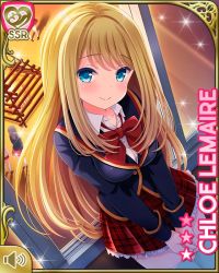 Rule 34 | 1girl, blonde hair, blue eyes, blue jacket, bow, card, character name, chloe lemaire, closed mouth, day, festival, girlfriend (kari), indoors, jacket, long hair, official art, plaid, plaid skirt, qp:flapper, red bow, red neckwear, red skirt, school, school uniform, shirt, skirt, smile, solo, sunset, tagme, white shirt