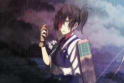 Rule 34 | 10s, 1girl, archery, arrow (projectile), blood, blood on face, bow (weapon), flight deck, gloves, hair over one eye, kaga (kancolle), kantai collection, kyuudou, long hair, muneate, quiver, rain, side ponytail, skirt, solo, tsukamoto minori, upper body, weapon, yellow eyes
