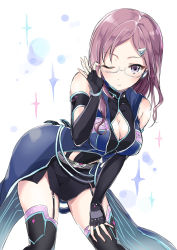 Rule 34 | 10s, 1girl, adjusting eyewear, bad id, bad pixiv id, blue eyes, breasts, brown hair, cleavage, cleavage cutout, clothing cutout, dress, fingerless gloves, garter straps, glasses, gloves, highres, idolmaster, idolmaster cinderella girls, idolmaster cinderella girls starlight stage, kuguri oimo, leaning forward, long hair, solo, thighhighs, yagami makino