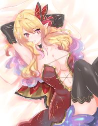 Rule 34 | 1girl, :3, armpits, bed sheet, blonde hair, breasts, choker, cushion, elbow gloves, elf, from above, gloves, hair intakes, large breasts, long hair, mizuki nana, navel, pointy ears, putimaxi, shironeko project, solo, thighhighs