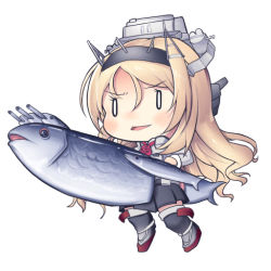 Rule 34 | 1girl, blonde hair, blush, cannon, chibi, commentary, fish, flower, hair between eyes, headgear, kantai collection, long hair, long sleeves, machinery, nelson (kancolle), ngs (hkfg4334), open mouth, red neckwear, rigging, rose, simple background, skirt, smug, solo, standing, thighhighs, turret, uniform, white background