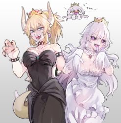 Rule 34 | 2girls, :p, black dress, black sclera, blonde hair, blue eyes, bowsette, breasts, chibi, chibi inset, cleavage, colored sclera, covered navel, crown, dress, earrings, flying sweatdrops, gloves, gradient background, grey background, highres, horns, jewelry, large breasts, lizard tail, long hair, looking at viewer, luigi&#039;s mansion, mario (series), multiple girls, new super mario bros. u deluxe, nintendo, nyuusankin (9jo 3), pink eyes, pointy ears, ponytail, princess king boo, sharp teeth, smile, spikes, super crown, tail, teeth, tongue, tongue out, white dress, white gloves