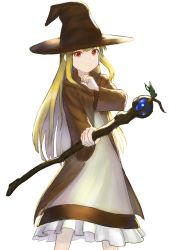 Rule 34 | 1girl, blonde hair, brown hat, brown rose, commentary request, dot nose, feet out of frame, frills, hat, highres, holding, holding staff, long hair, looking at viewer, original, red eyes, simple background, smile, solo, staff, wasabi60, white background, witch, witch hat