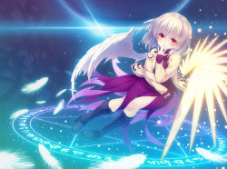 Rule 34 | 1girl, bad id, bad pixiv id, blush, boots, cross-laced footwear, dress, feathers, gears, jacket, kappa (cooper3w), kishin sagume, lace-up boots, light rays, long sleeves, looking at viewer, magic circle, purple dress, red eyes, shirt, short hair, silver hair, single wing, solo, touhou, wings