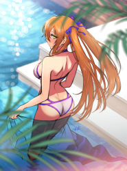 Rule 34 | 1girl, ass, back, bare shoulders, bikini, blue ribbon, blush, breasts, brown hair, from behind, girls&#039; frontline, green eyes, hair ribbon, halterneck, highres, large breasts, long hair, looking at viewer, looking back, multi-strapped bikini, o-ring, o-ring bikini, official alternate costume, pool, poolside, ribbon, sarong, see-through, shoukaki (earthean), shoulder blades, sidelocks, signature, solo, springfield (girls&#039; frontline), springfield (stirring mermaid) (girls&#039; frontline), stairs, swimsuit, twintails, wading, water, white bikini