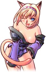 Rule 34 | 1girl, ;3, ;d, adventurer (ff11), animal ears, animal nose, archived source, areola slip, bare shoulders, blonde hair, blue eyes, blue pupils, breasts, cat ears, cat girl, cat tail, collarbone, covered erect nipples, cowboy shot, crossed bangs, fang, final fantasy, final fantasy xi, hairband, hand on own hip, hand on own thigh, legs apart, long sleeves, looking at viewer, medium breasts, mithra (ff11), off shoulder, one eye closed, open mouth, red hairband, ringed eyes, short hair, simple background, smile, solo, standing, tail, taisai soft, thighs, two-tone hairband, white background, white hairband