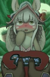 Rule 34 | 1girl, 1other, animal ears, blush, body fur, bune, chocolate, embarrassed, furry, gloves, green eyes, helmet, highres, horizontal pupils, looking at viewer, made in abyss, nanachi (made in abyss), pov, short hair with long locks, sidelocks, whiskers, white hair