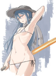 Rule 34 | 1girl, arm at side, arm up, armpits, baketsuya, bikini, blue eyes, blue hair, blush, breasts, cowboy shot, covered erect nipples, flaming sword, flaming weapon, from side, half-closed eyes, hand on own head, hat, hinanawi tenshi, hip bones, hip focus, holding, holding sword, holding weapon, long hair, looking at viewer, matching hair/eyes, micro bikini, navel, parted lips, ribs, scarf, side-tie bikini bottom, sideways glance, small breasts, solo, stomach, swimsuit, sword, sword of hisou, touhou, weapon