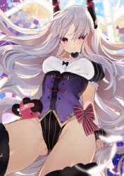 Rule 34 | 1girl, black leotard, black thighhighs, bow, caren hortensia, caren hortensia (amor caren), caren hortensia (amor caren) (third ascension), choker, fate/grand order, fate (series), floating hair, frills, gluteal fold, groin, headgear, heart, kirie nozomi, leotard, long hair, looking at viewer, parted lips, red bow, red eyes, short sleeves, solo, striped clothes, striped leotard, thighhighs, thighs, underbust, very long hair, white choker, white hair, wrist cuffs